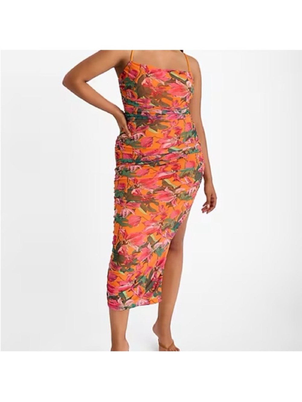 Express body contour Floral Spaghetti Strap Maxi Dress in Orange and Pink
